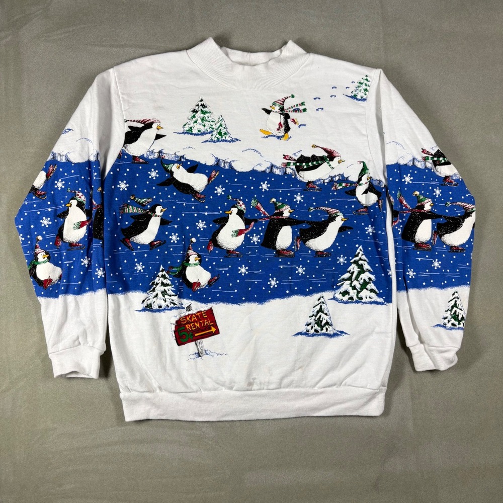 VTG Basic Editions Penguin Ice Skating Christmas Sweatshirt White Women 14W/16W